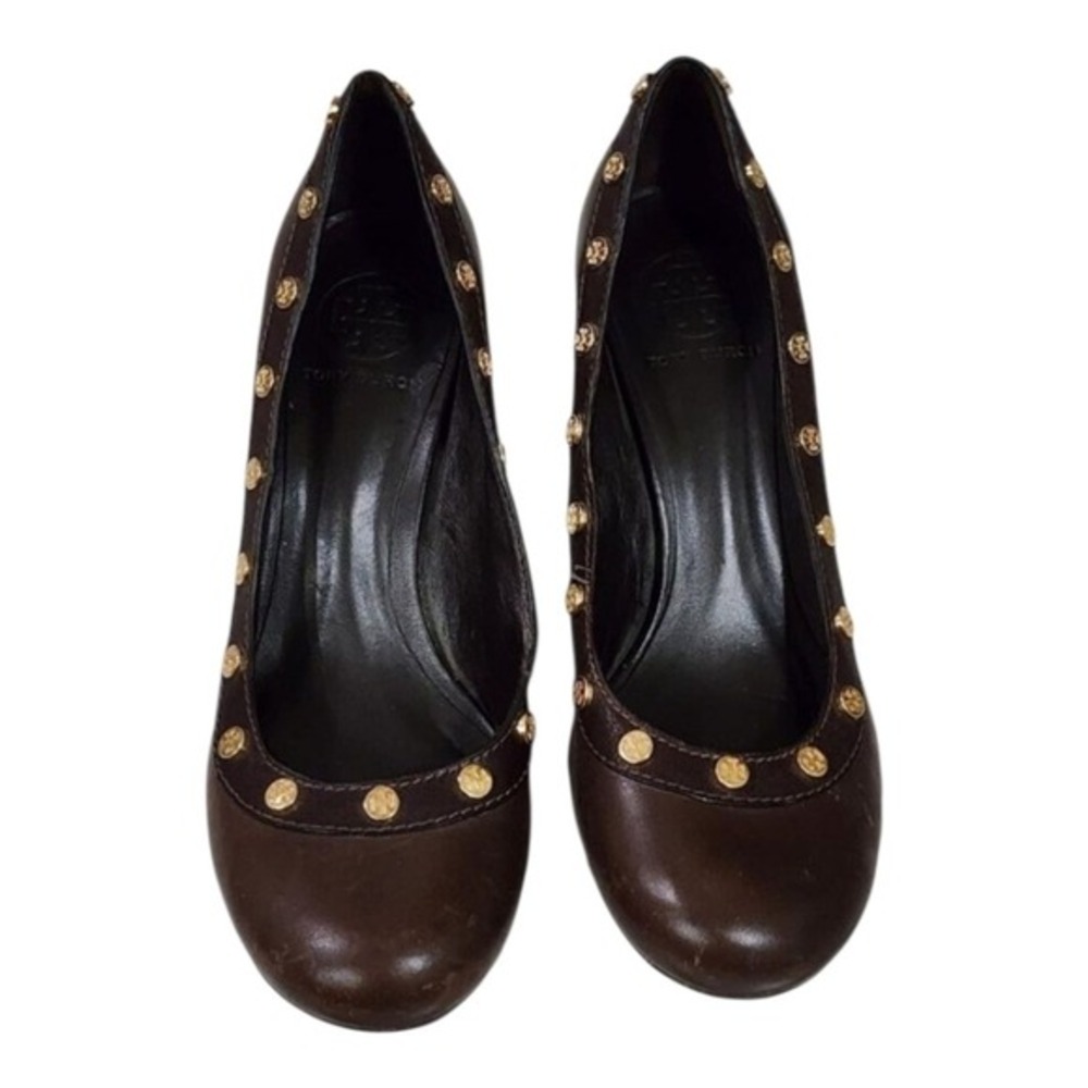 Tory Burch Brown Leather‎ Studded Heels Wood Block Heel Pumps Size 8.5